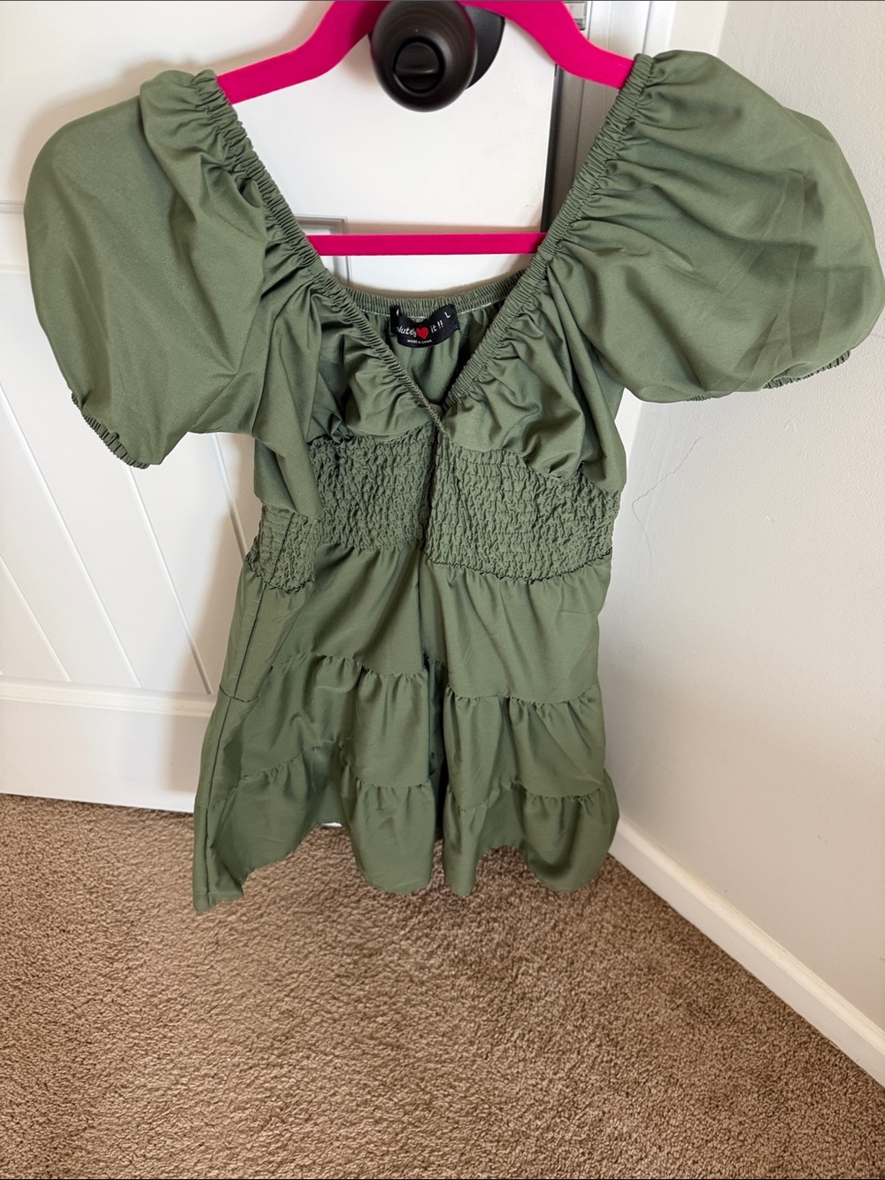 Rainbow Olive Green Puff-Sleeve Tiered Casual Dress